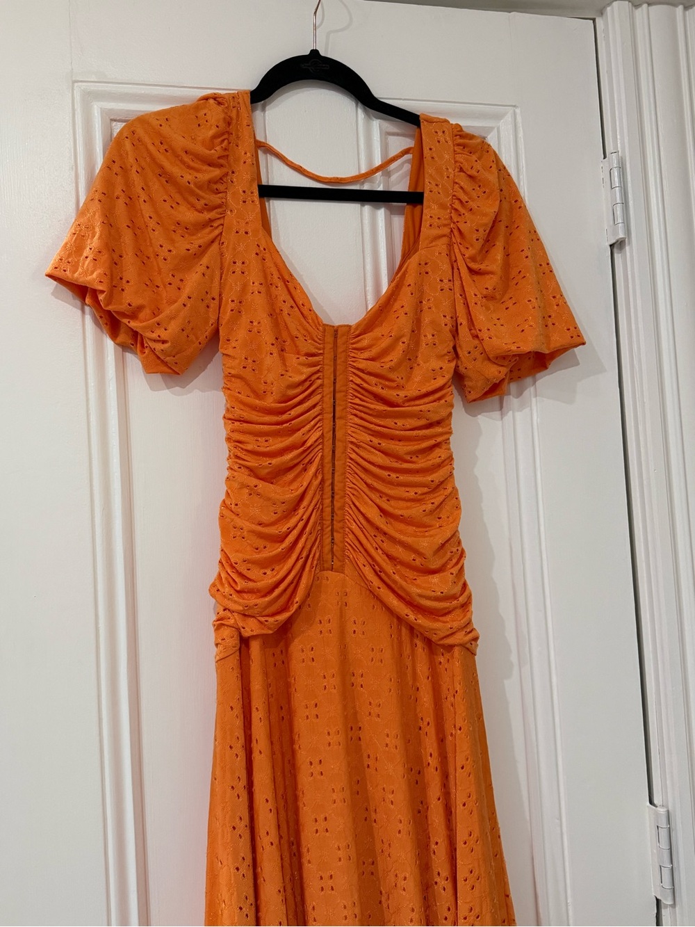 NWT ASOS DESIGN Puff Sleeve Ruched Eyelet corset Top Midi dress orange us size 4 - Picture 4 of 6